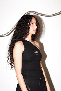 Pierced One Shoulder Rib Tank in Black