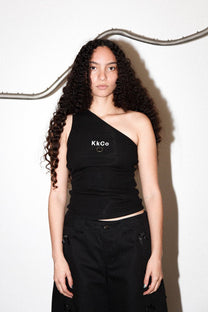 Pierced One Shoulder Rib Tank in Black