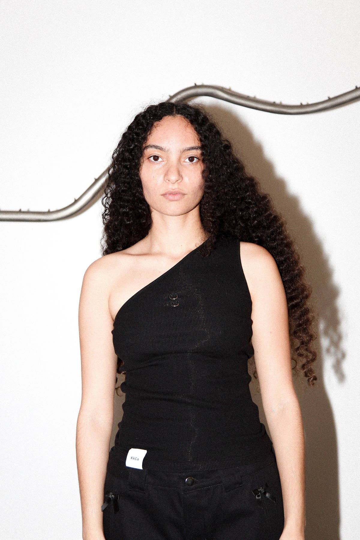 Pierced One Shoulder Rib Tank in Black