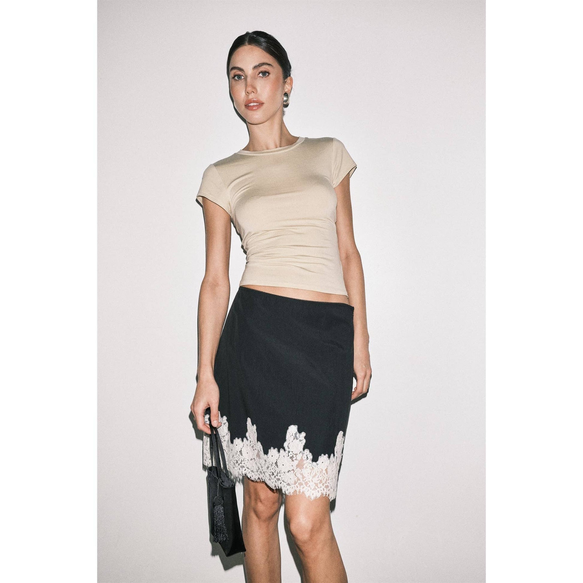 Odette Satin Lace-Hem Skirt