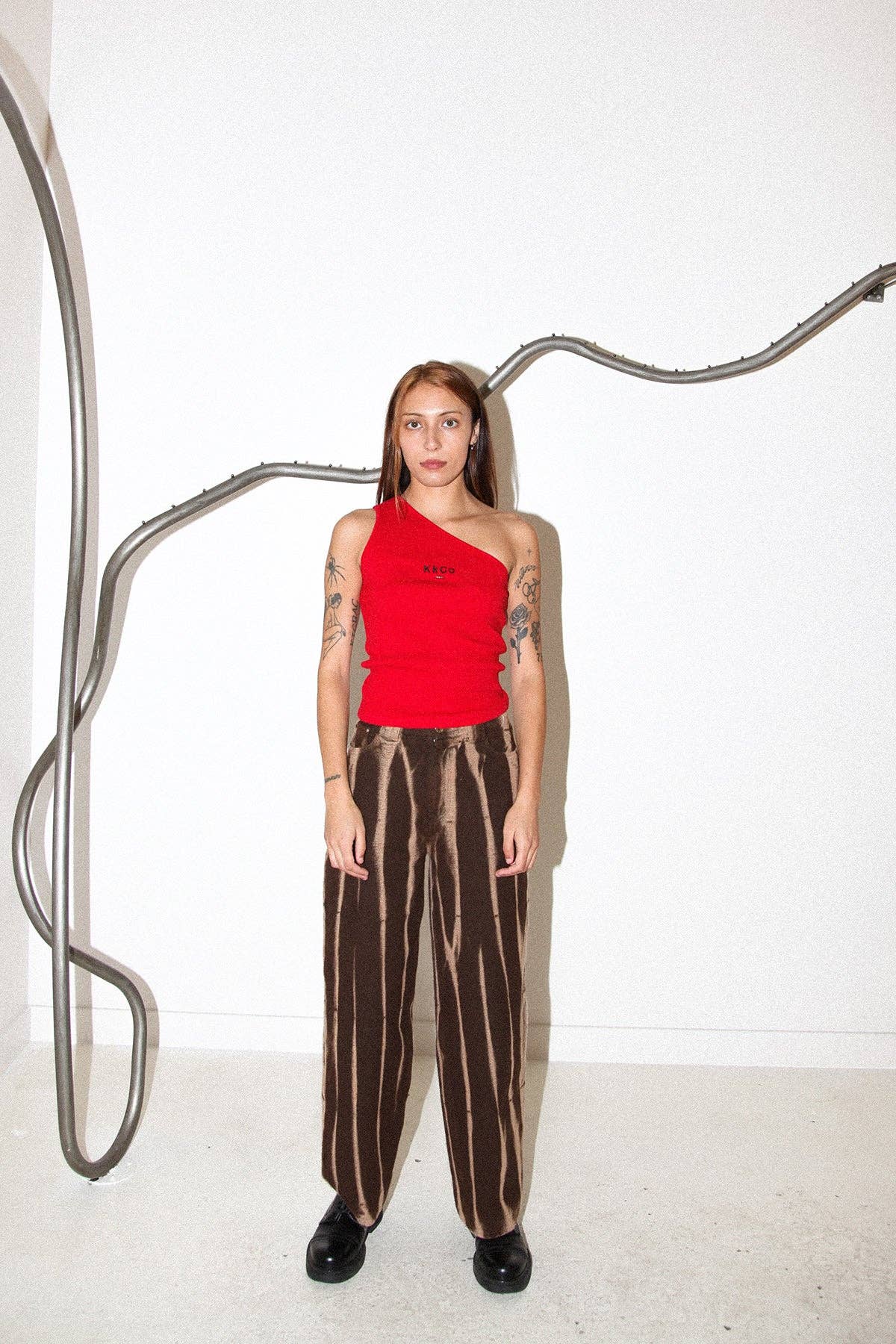 Pierced One Shoulder Rib Tank in Red