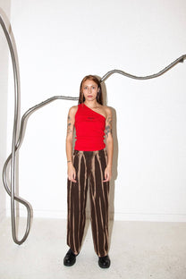 Pierced One Shoulder Rib Tank in Red