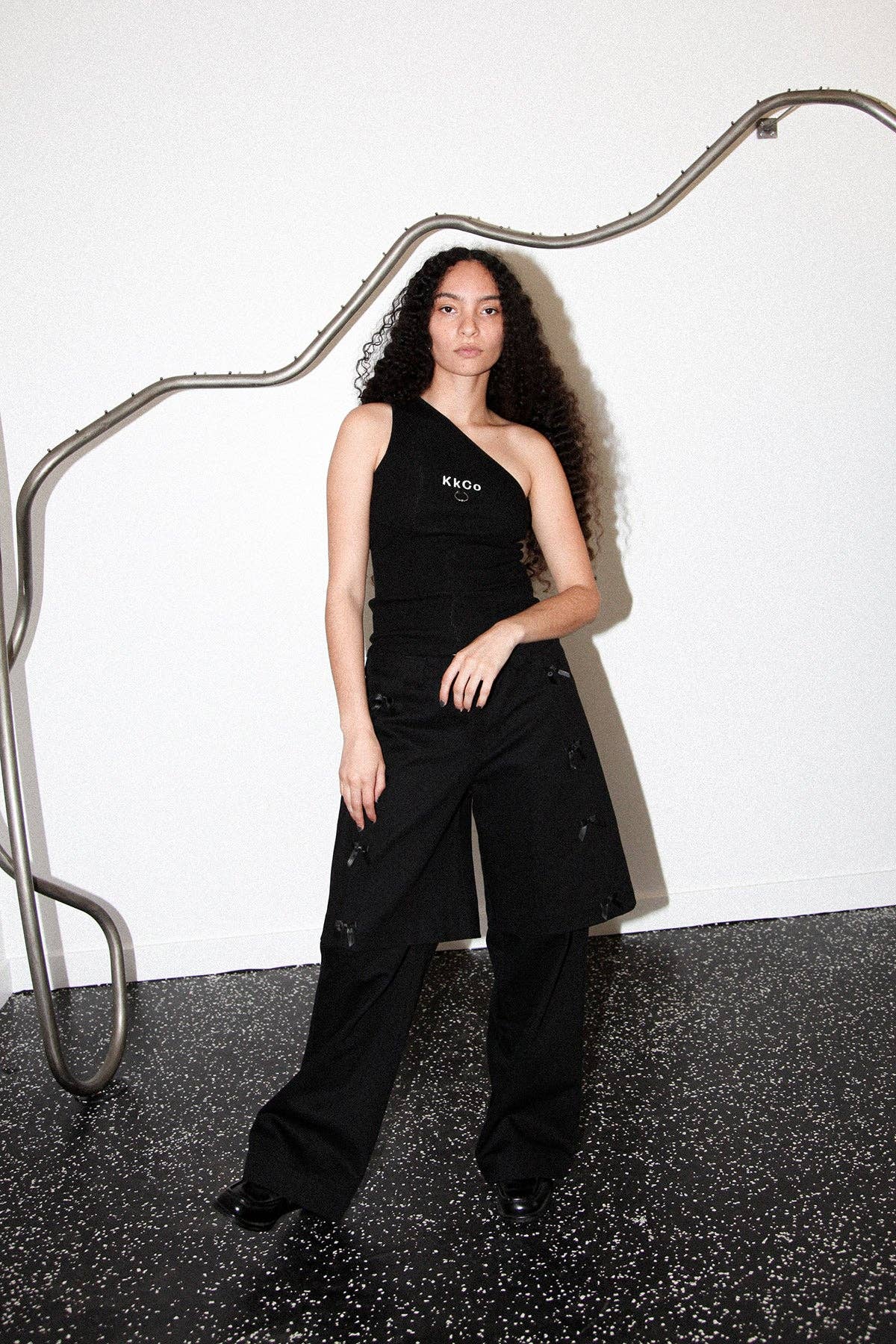 Pierced One Shoulder Rib Tank in Black