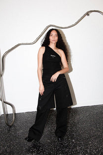 Pierced One Shoulder Rib Tank in Black